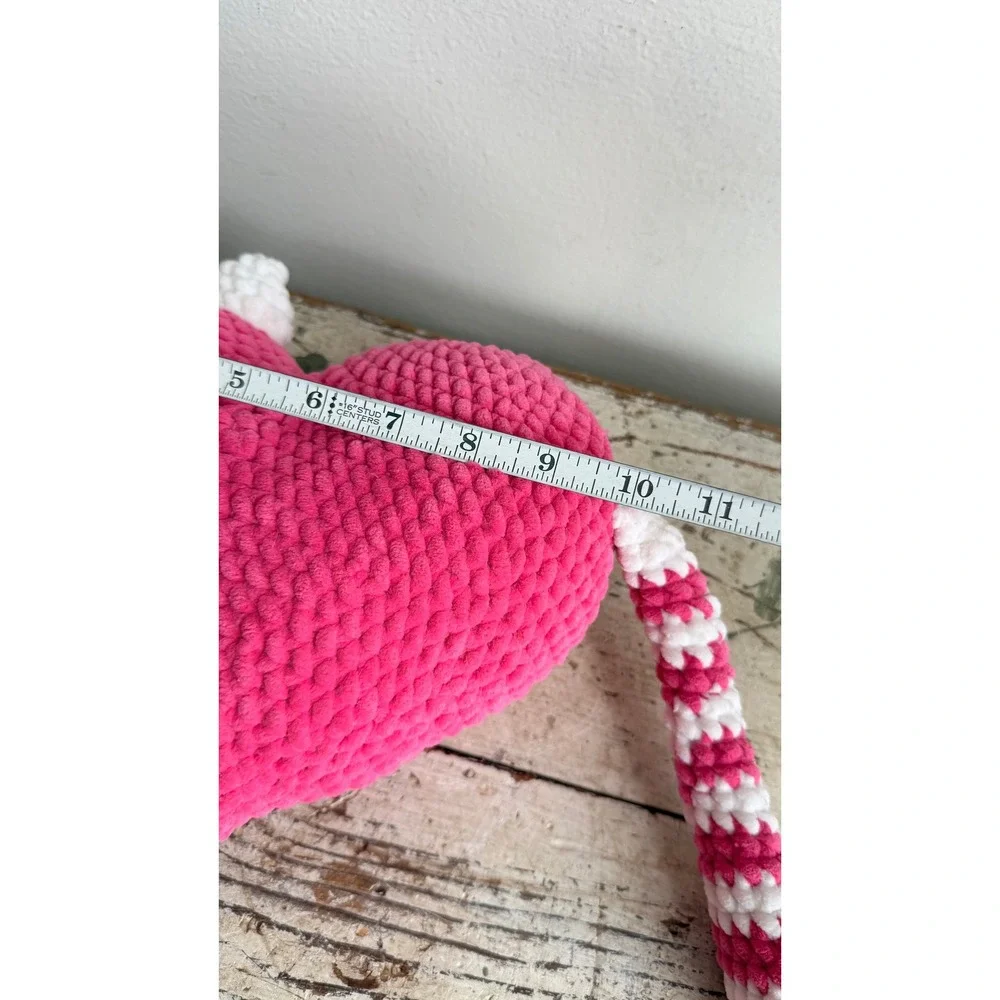 Handmade Knitted Heart Cat Plush Pink White Amigurumi Stuffed Animal